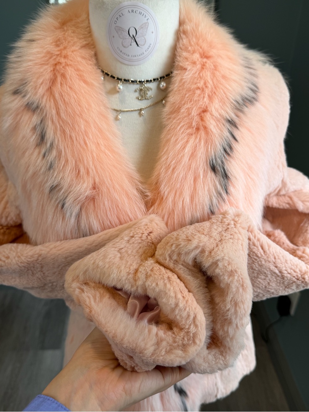 Vintage Pink Rabbit Fur Jacket Extra Long Fox Fur Collar Y2K XS/S - Picture 2 of 8